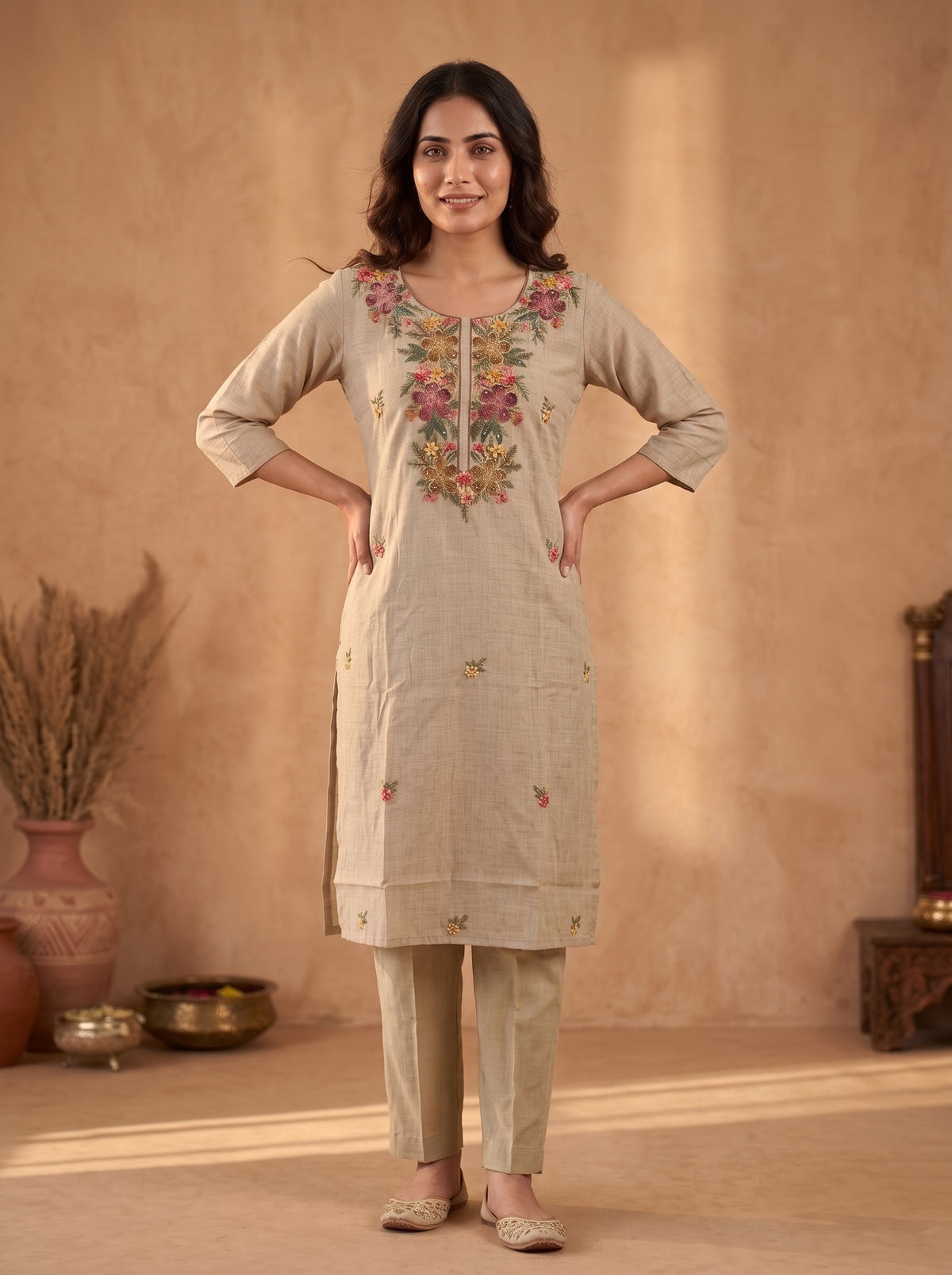 Beige Floral Embroidered Pure Linen Kurta Set with Dupatta