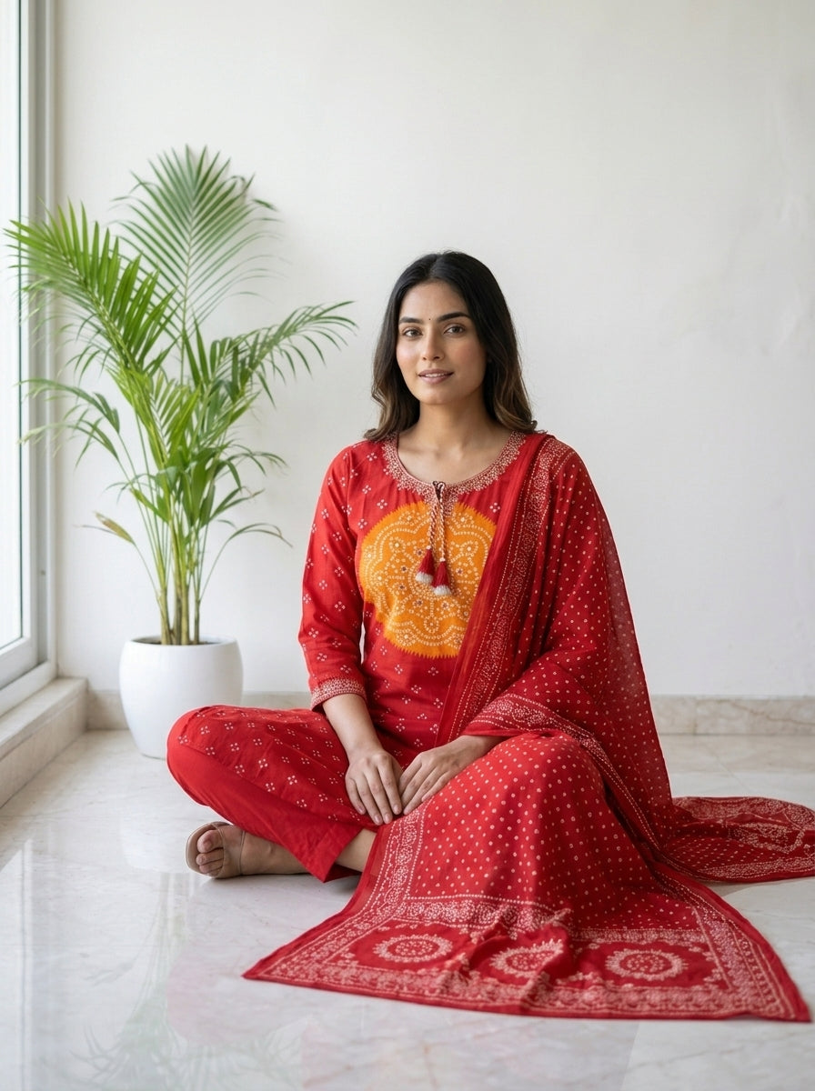 Red Bandhani Print Cotton Kurta Pant Set with Dupatta