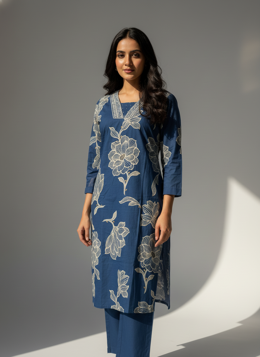 Blue Floral Cotton Kurta Set for Women – Printed Daily Wear Suit with Dupatta