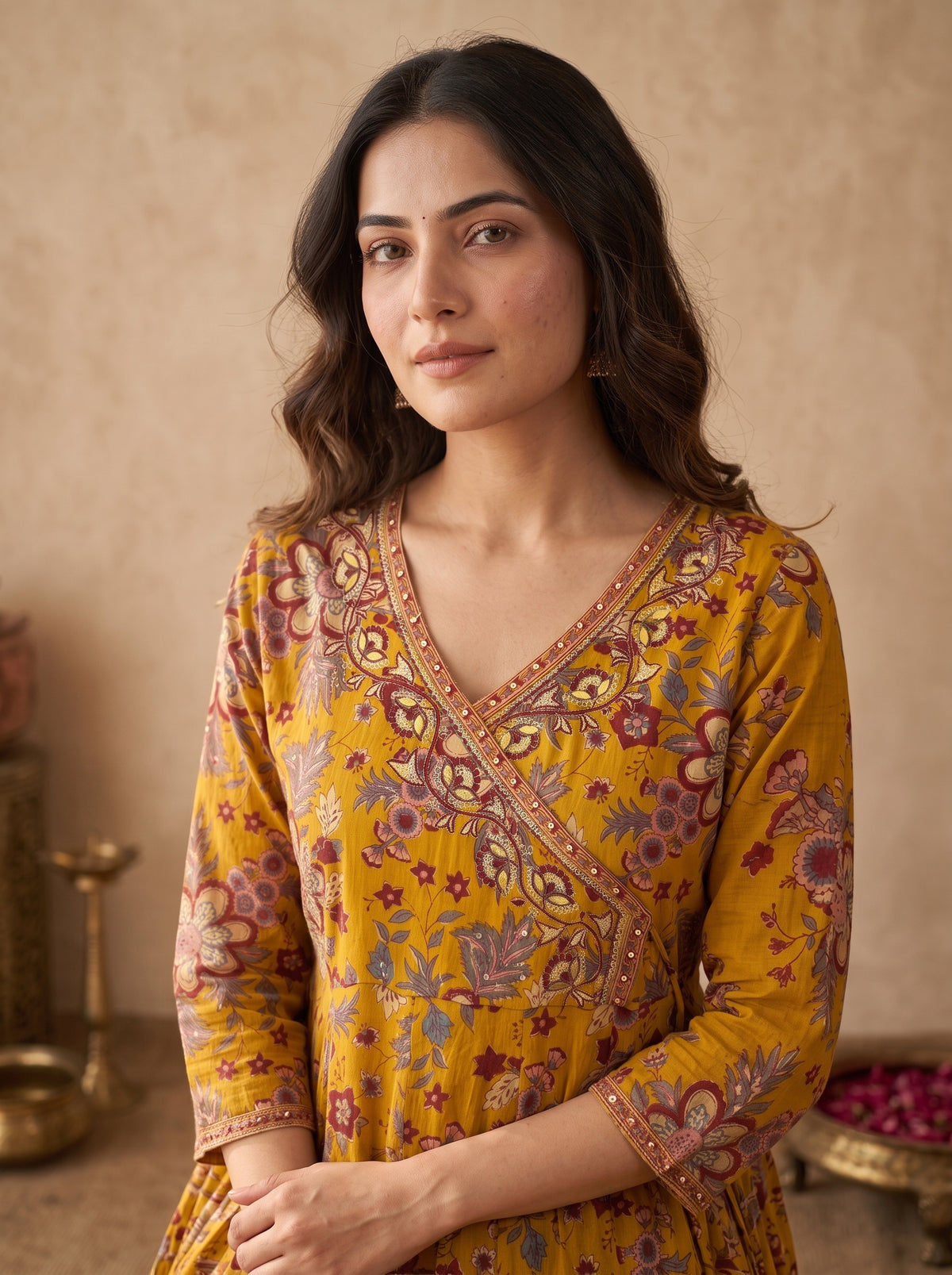 Mustard Kalamkari Print Anarkali Kurta Set with Dupatta