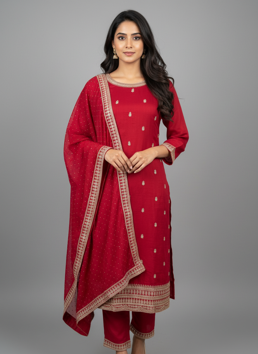 Scarlet Red Viscose Kurta Set with Zari and Sequin Embroidery