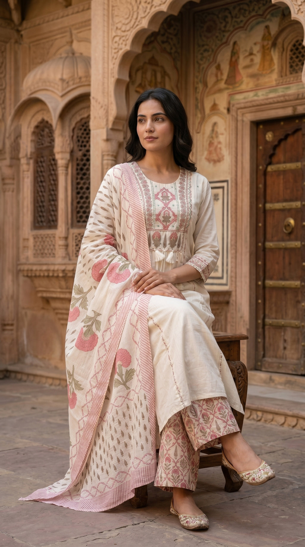 Ivory & Pink Floral Embroidered With  Block Print Cotton Kurta Set for Women – A-Line
