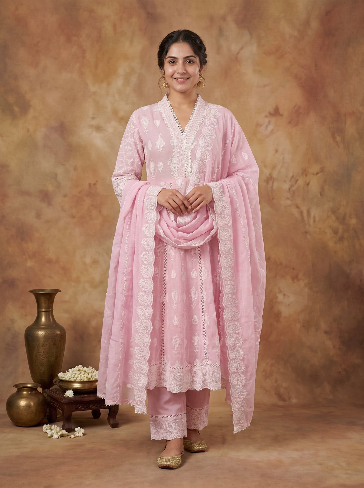 Pink Chikankari Cotton Schiffli Anarkali Set