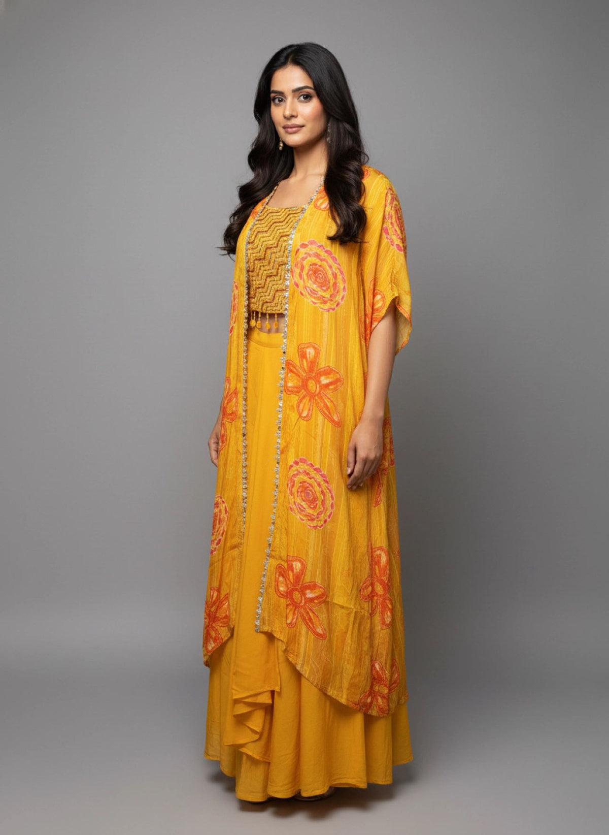Sunshine Yellow Silk Indo-Western Set with Floral Shrug and Embroidered Crop Top