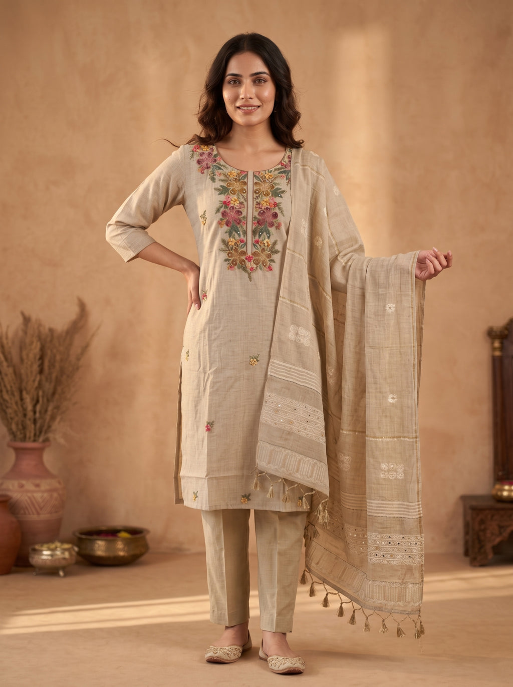 Beige Floral Embroidered Pure Linen Kurta Set with Dupatta