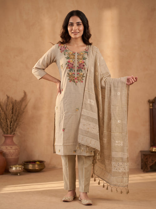 Beige Floral Embroidered Pure Linen Kurta Set with Dupatta