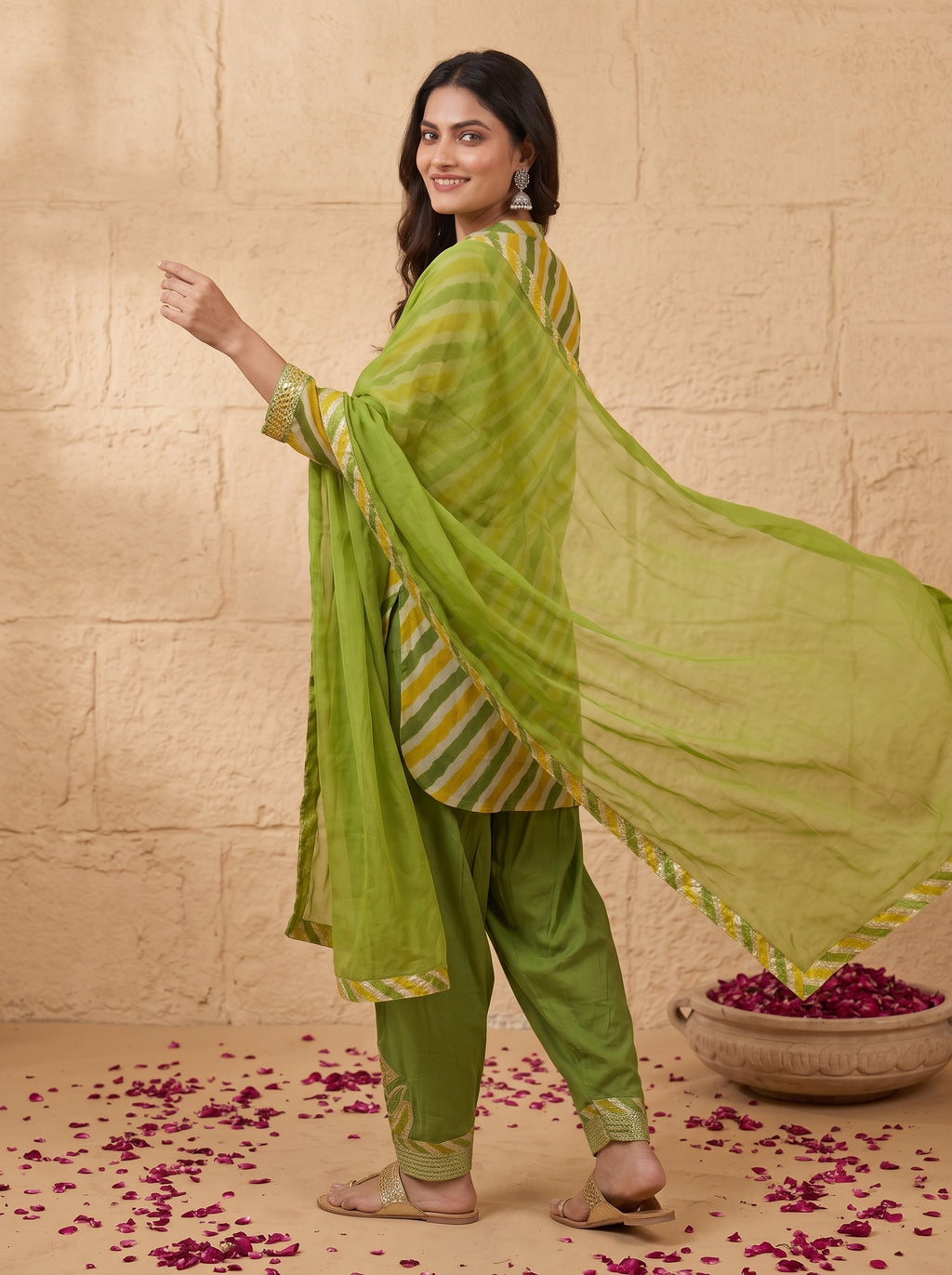 Green Leheriya Chinon Kurta with Salwar Set