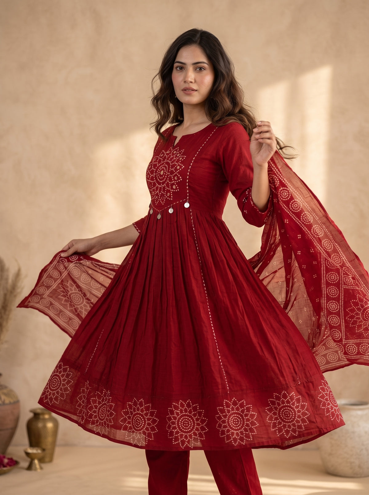 Red Bandhani Mirror Work Anarkali Kurta Set with Dupatta