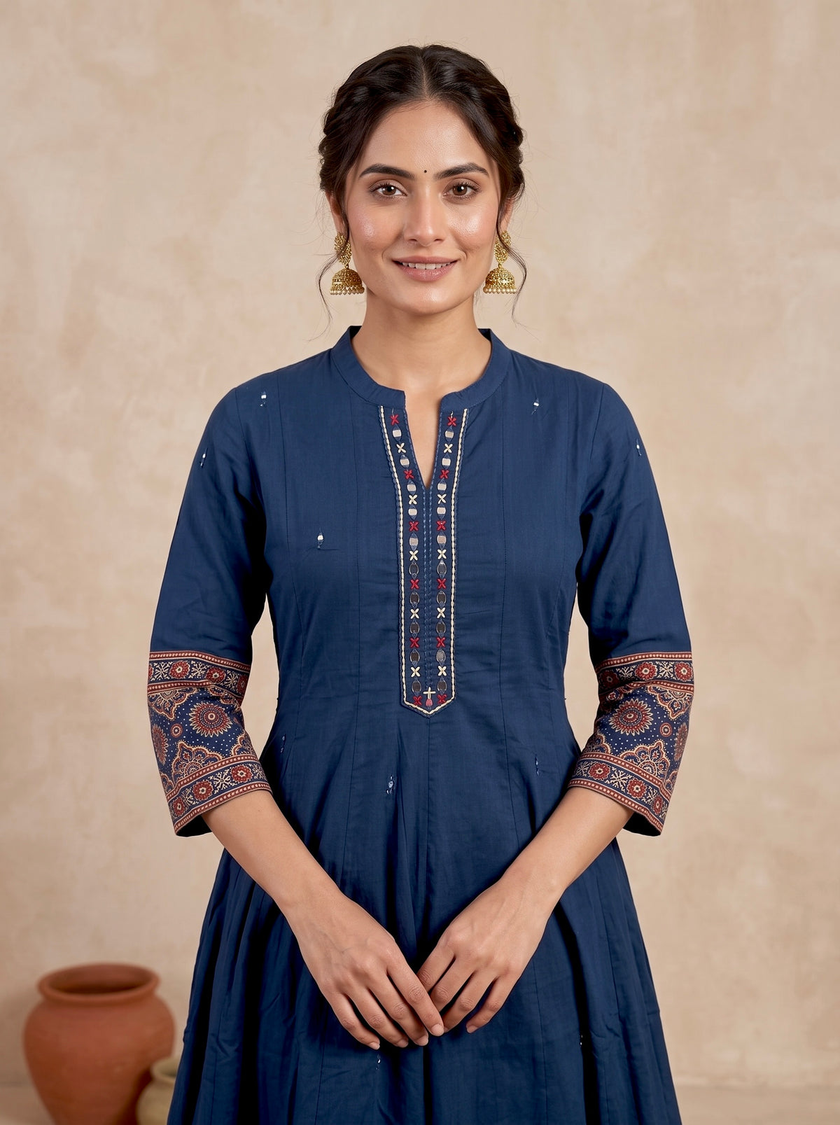 Navy Ajrakh Border Cotton Anarkali Set