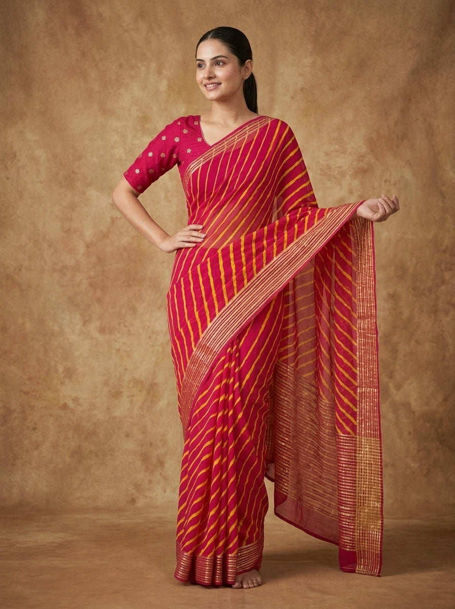 Rani Pink Leheriya Modal Silk Saree for Women with Zari Border & Blouse Piece
