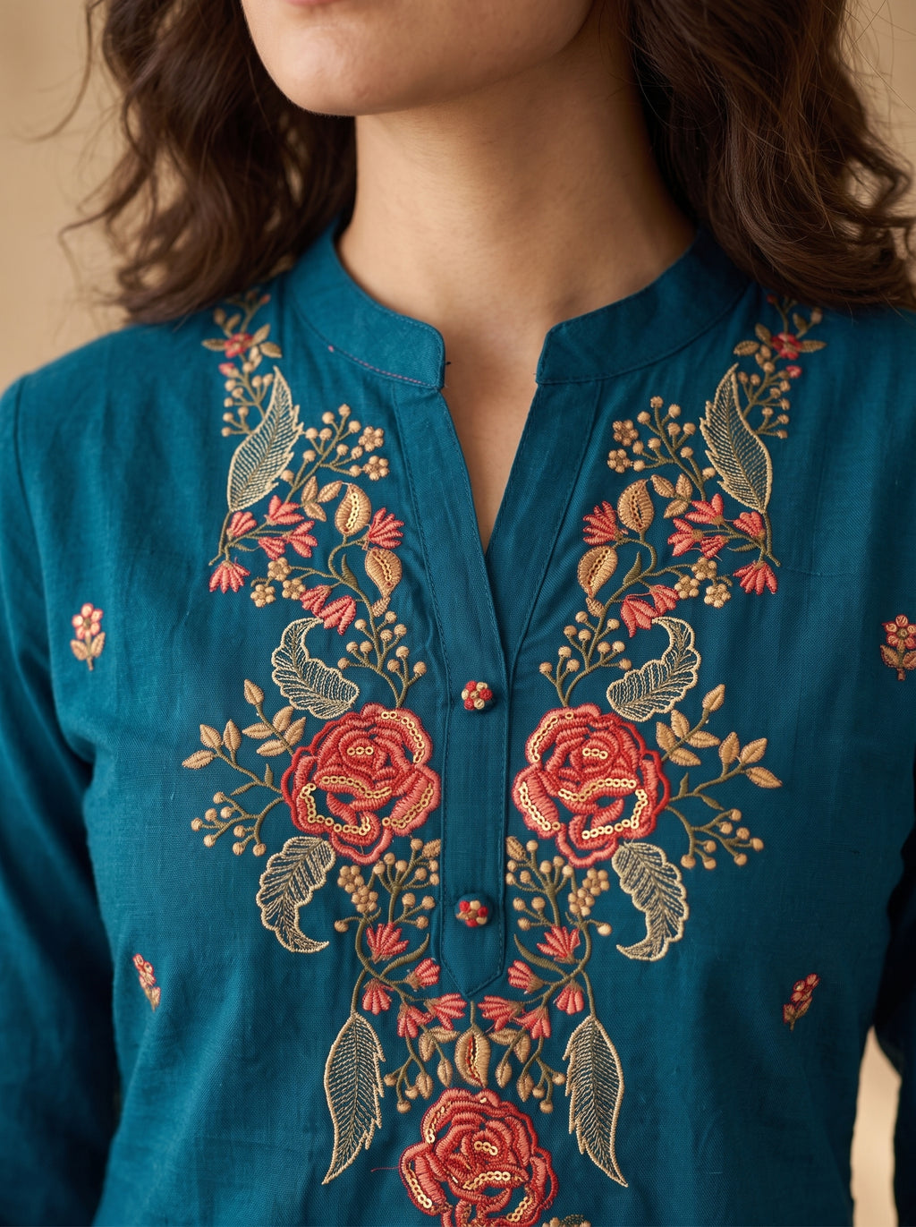 Teal Blue Floral Embroidered Linen Cotton Kurta Pant Set