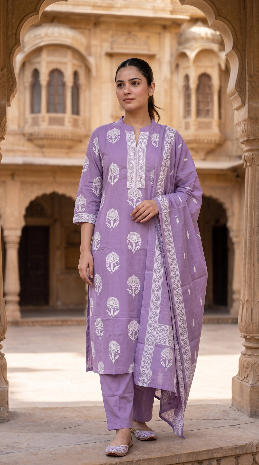 Lavender Block Print Cotton Kurta Set for Women – Straight Suit with Dupatta