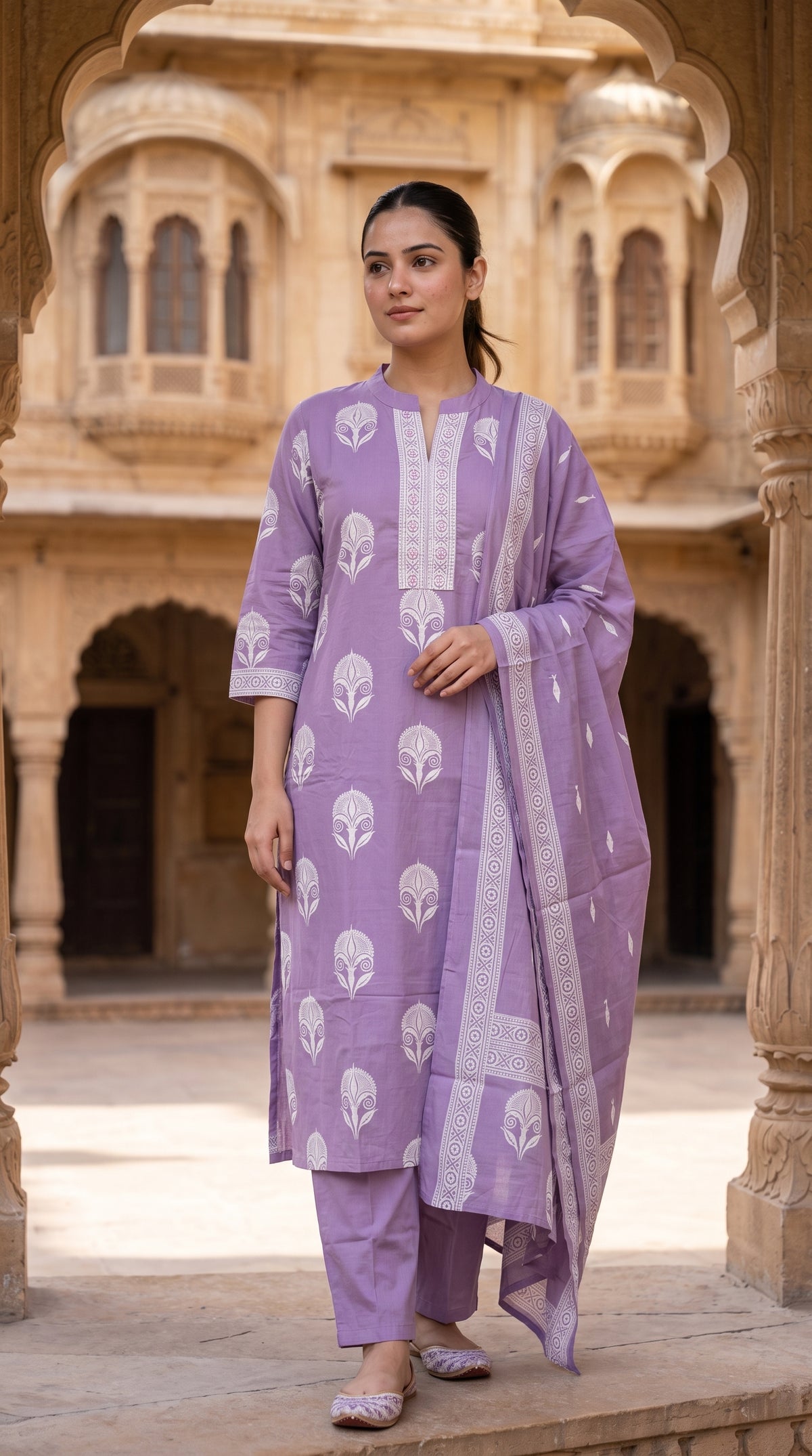 Lavender Block Print Cotton Kurta Set for Women – Straight Suit with Dupatta