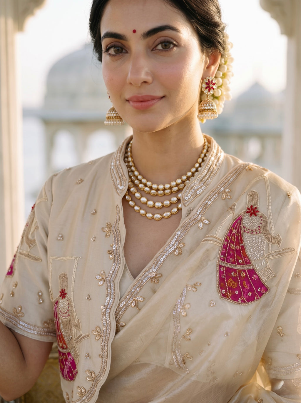 Ivory Organza Saree with Fuchsia Ghoomar Motif Embroidery