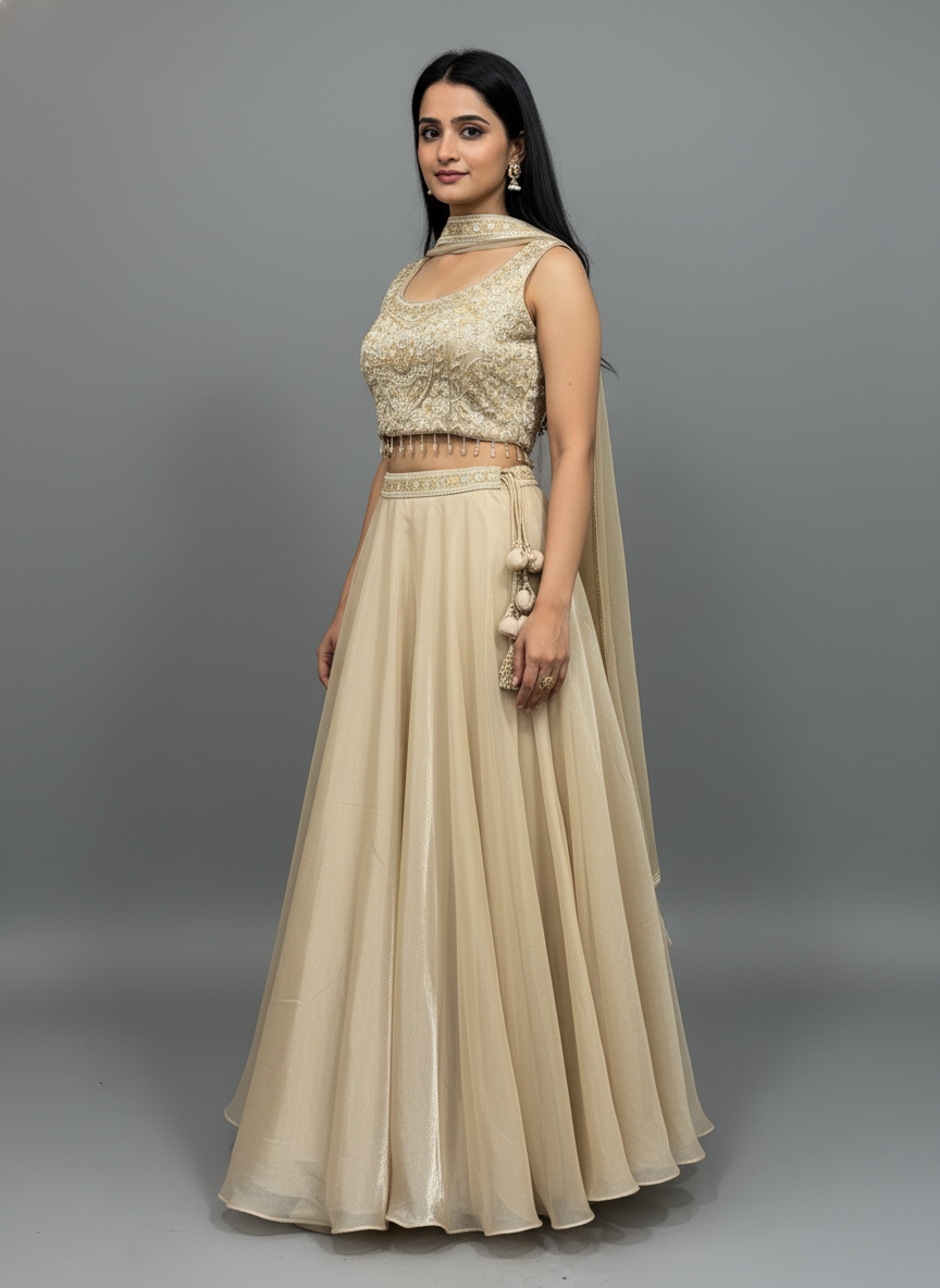Champagne Gold Shimmer Rim-Jhim Lehenga Set – Reception and Cocktail Wear