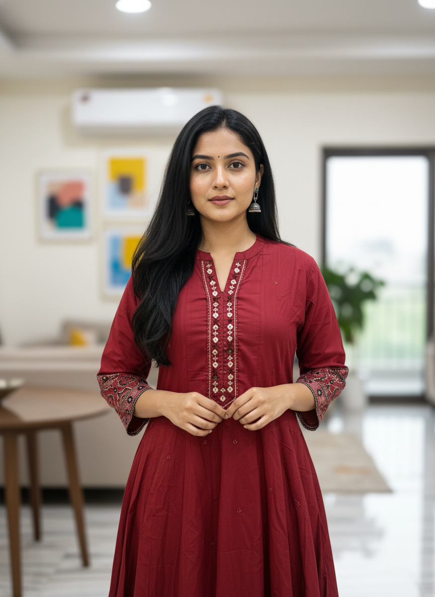 Brick Red Ajrakh Print Cotton Anarkali Suit for Women – Block Print Ethnic Kurta