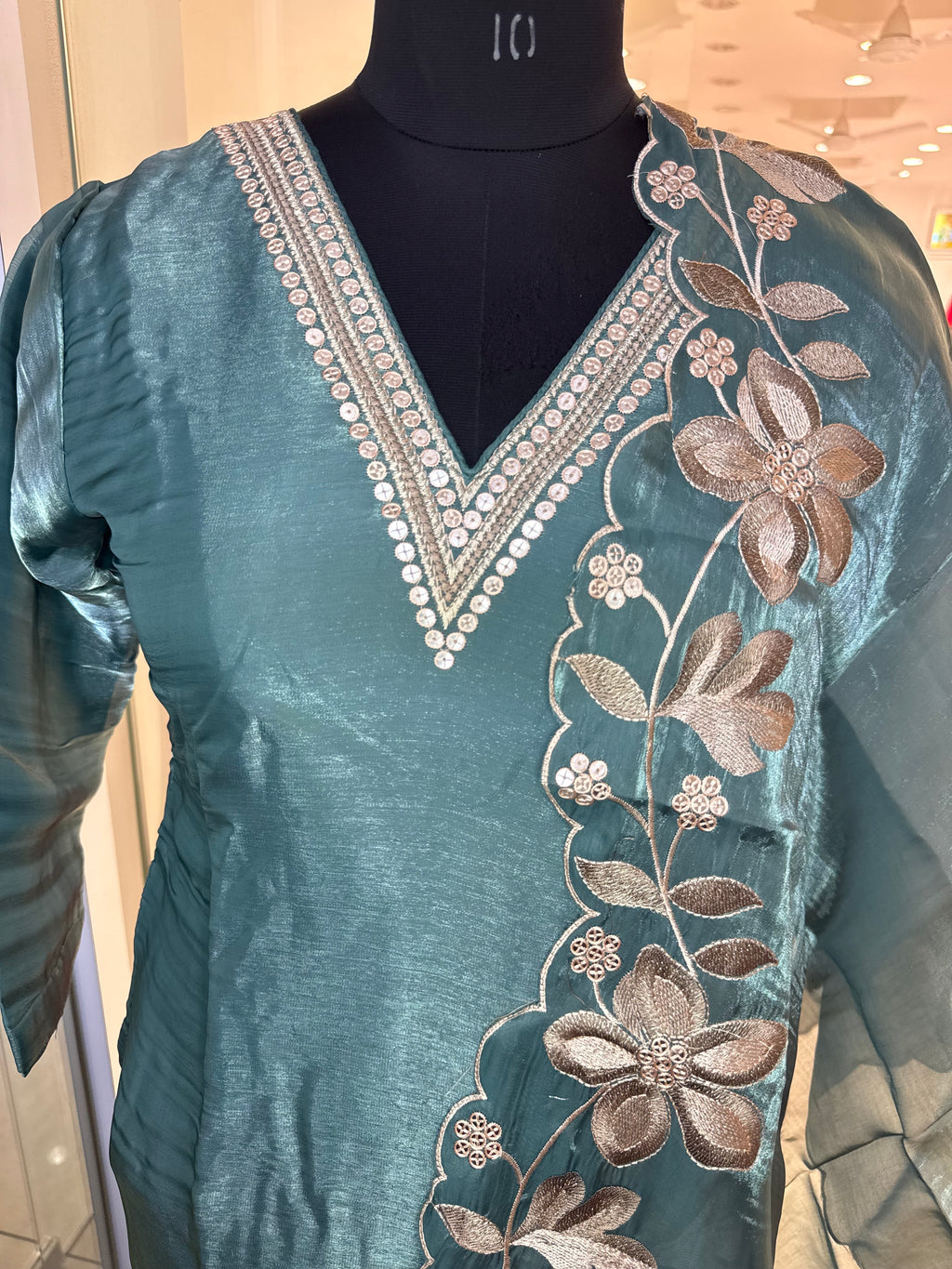 Teal Silk Floral Embroidered Suit Set – Festive Three-Piece