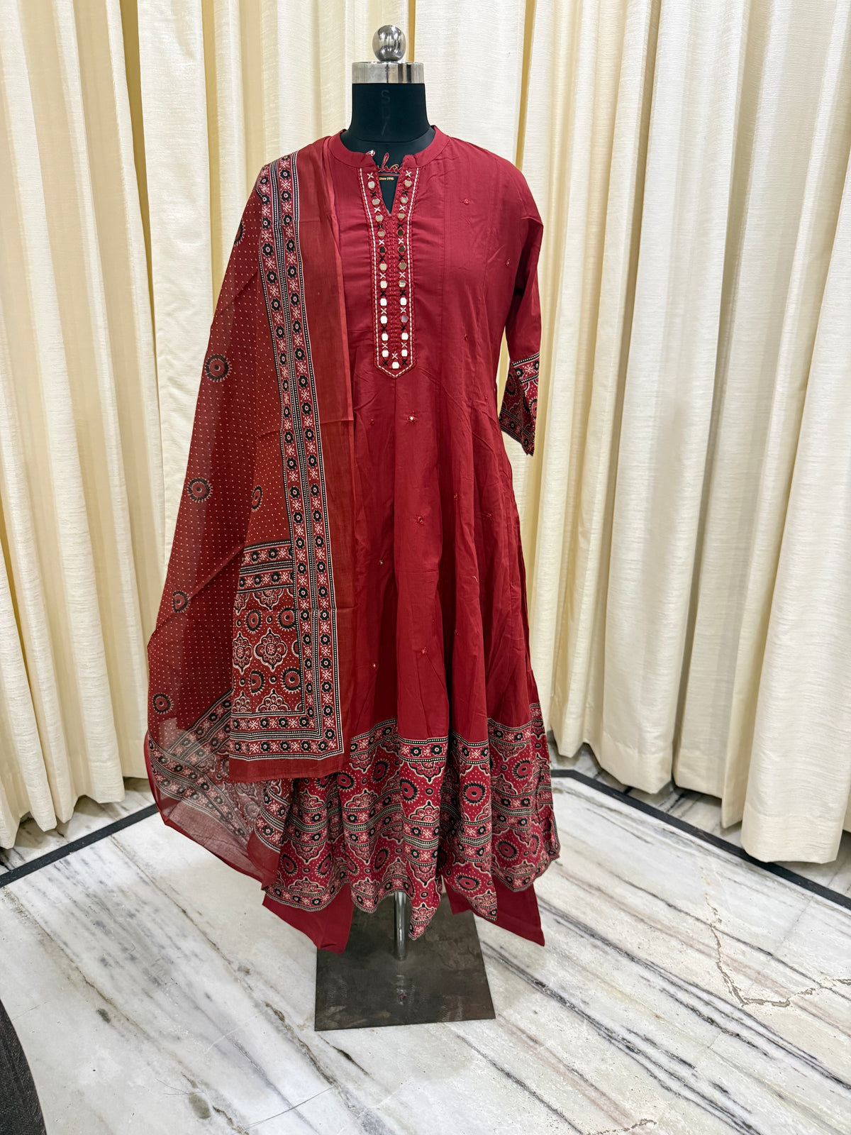 Brick Red Ajrakh Print Cotton Anarkali Suit for Women – Block Print Ethnic Kurta