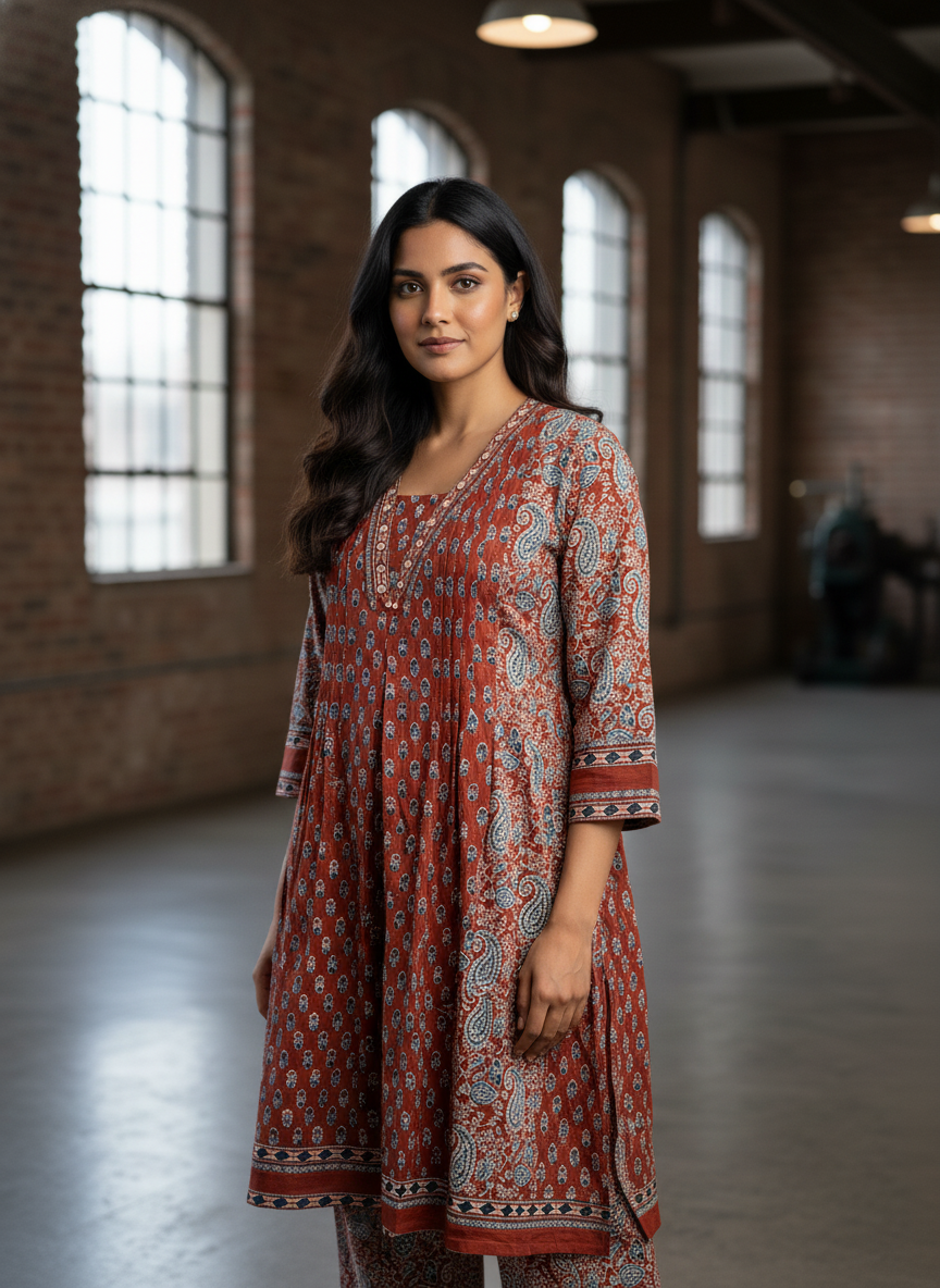 Rust and Indigo Ajrakh Cotton Kurta Set for Women – Block Print Ethnic Suit