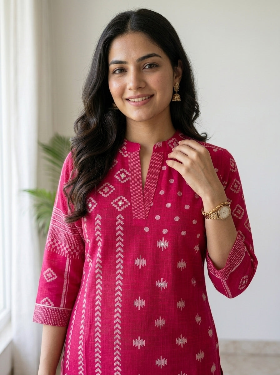 Rani Pink Ikat Print Cotton Kurta Pant Set with Dupatta