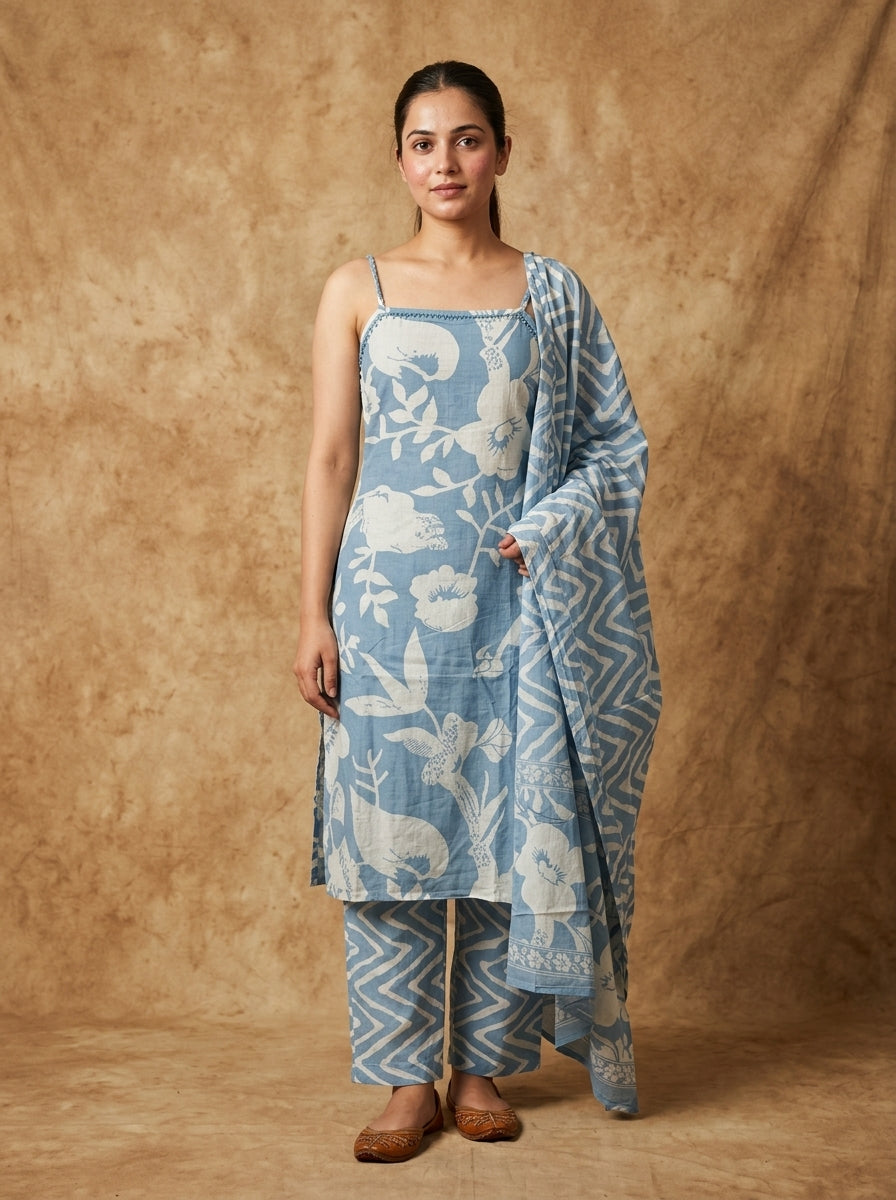 Blue Floral Print Cotton Sleeveless Kurta Set for Women – Straight Suit with Dupatta