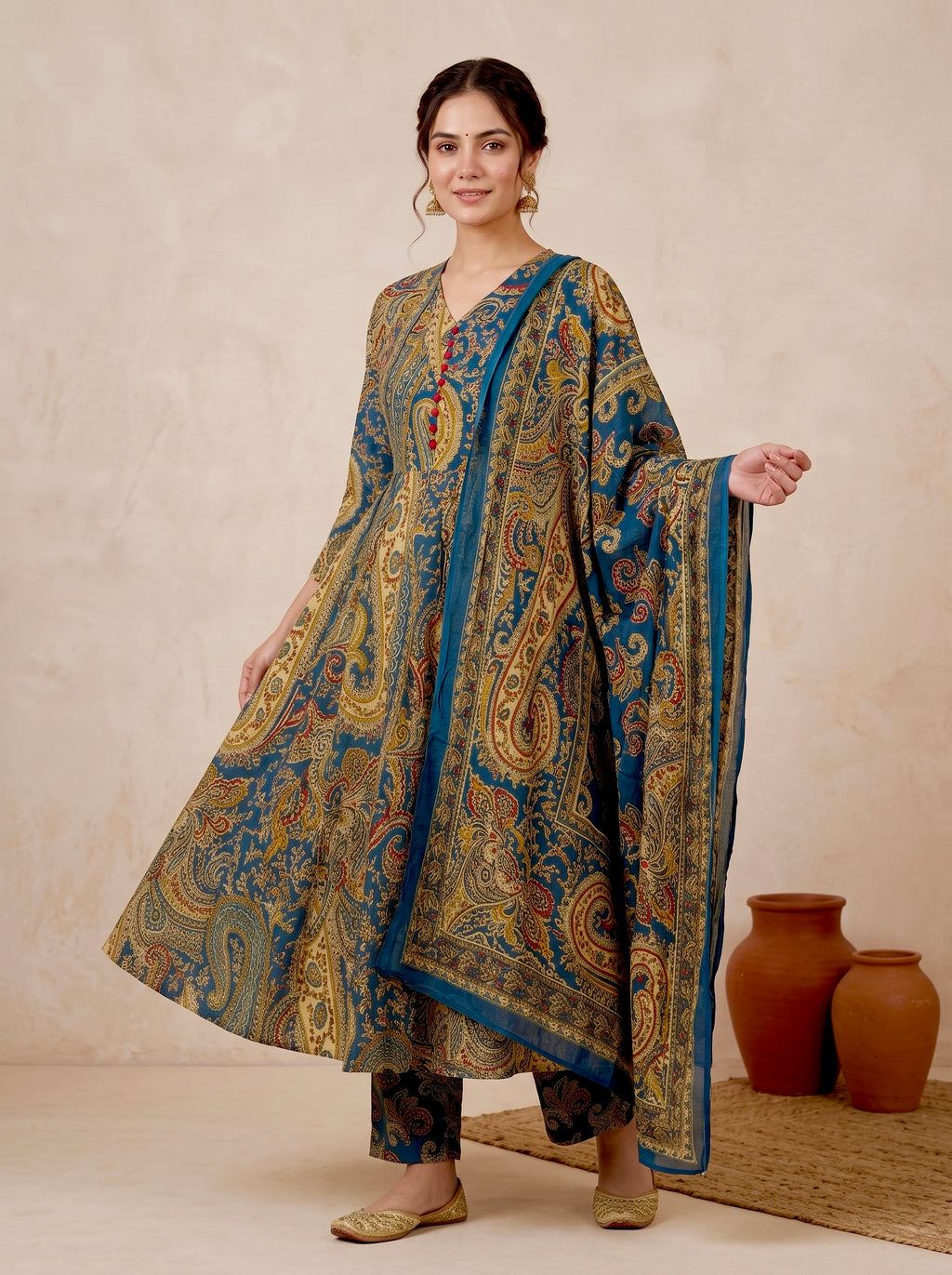 Blue Paisley Printed Cotton Anarkali Set
