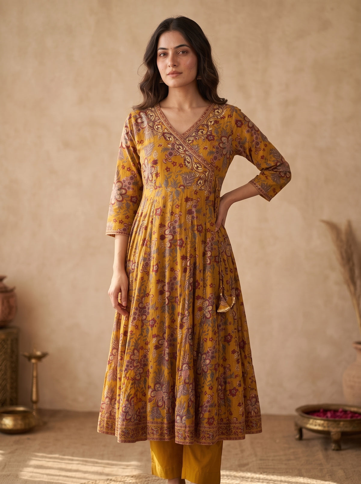 Mustard Kalamkari Print Anarkali Kurta Set with Dupatta