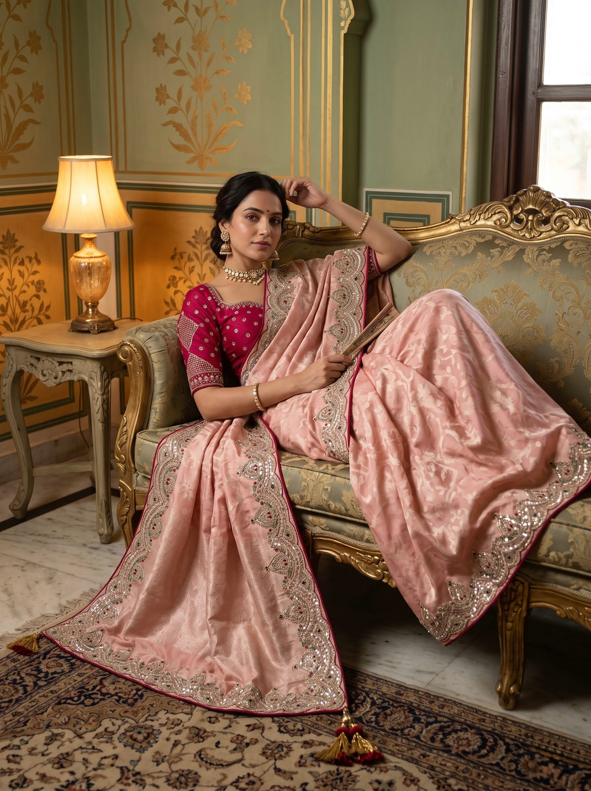 Blush Pink Jacquard Silk Saree with Sequin Paisley Border & Magenta Blouse