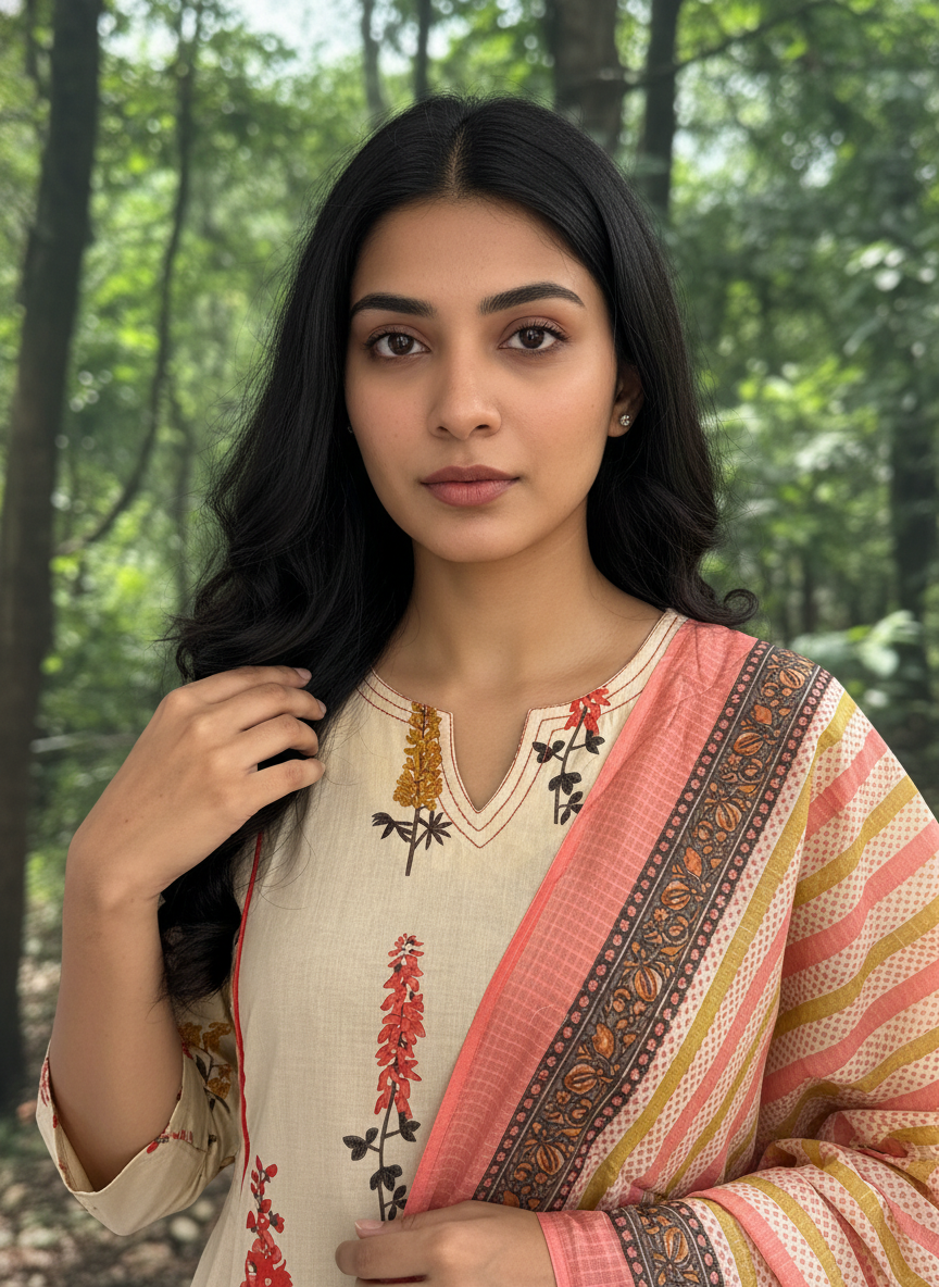 Beige Coral Floral Cotton Kurta Set for Women – A-Line Daily Wear Palazzo Suit