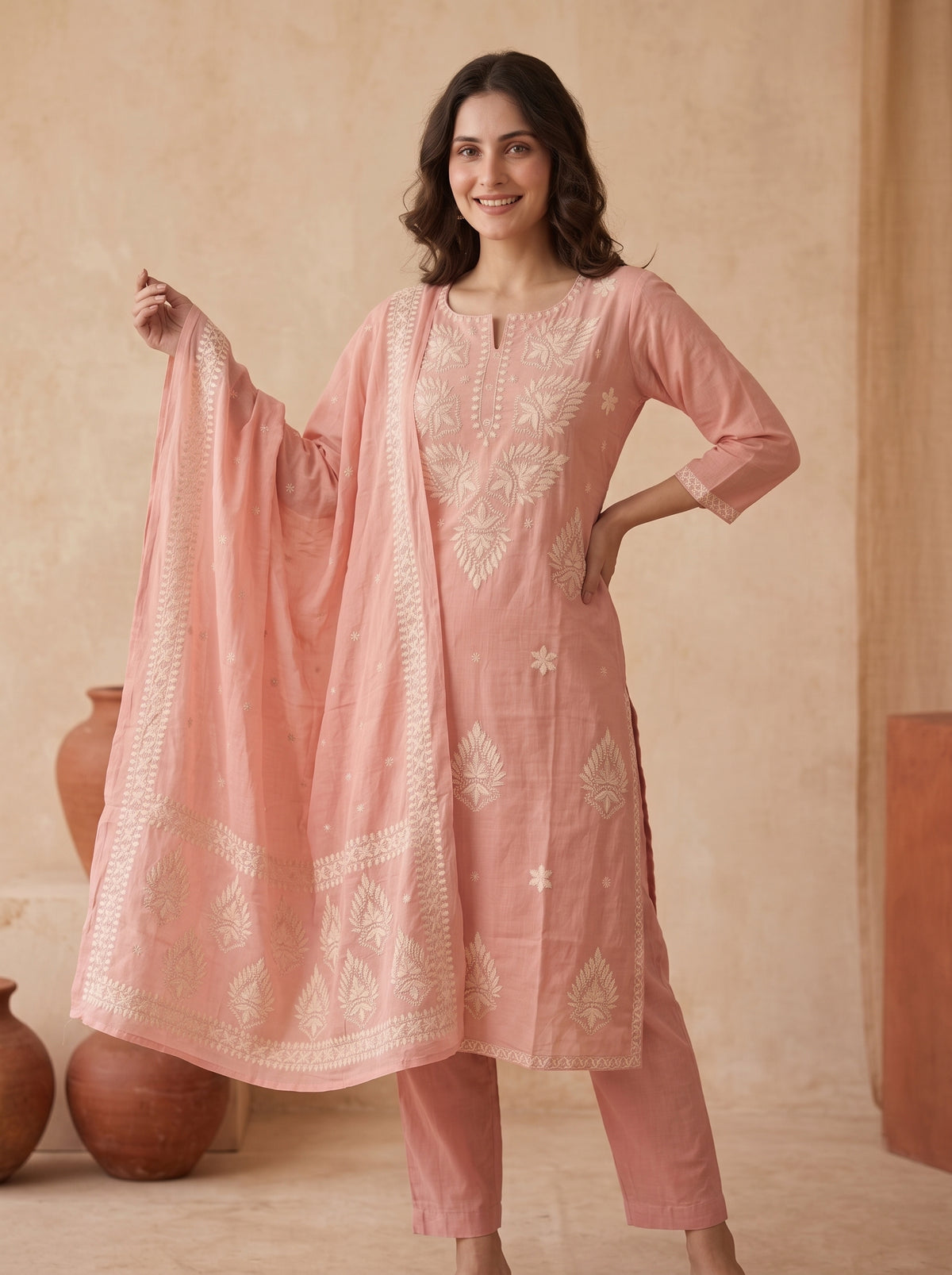 Peach Chikankari Embroidered Cotton Kurta Set with Dupatta