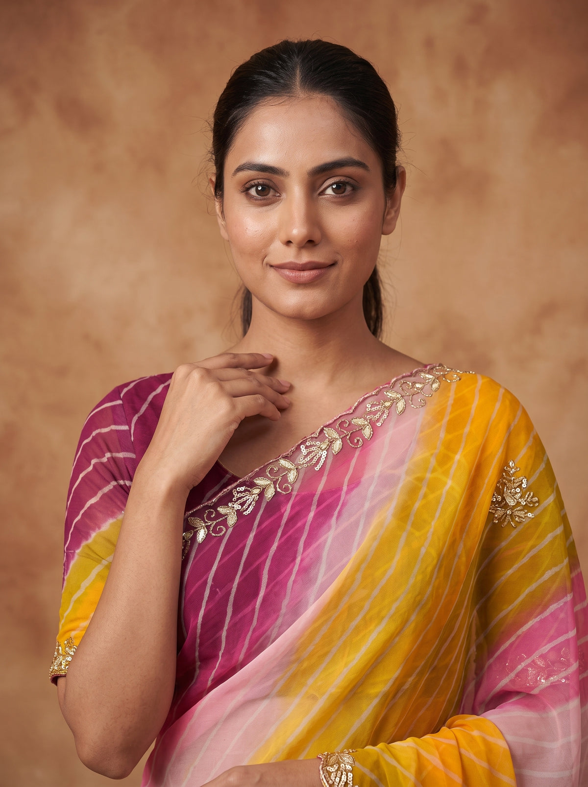 Pink Yellow & Magenta Leheriya Georgette Saree with Kat Dana Work & Blouse Piece