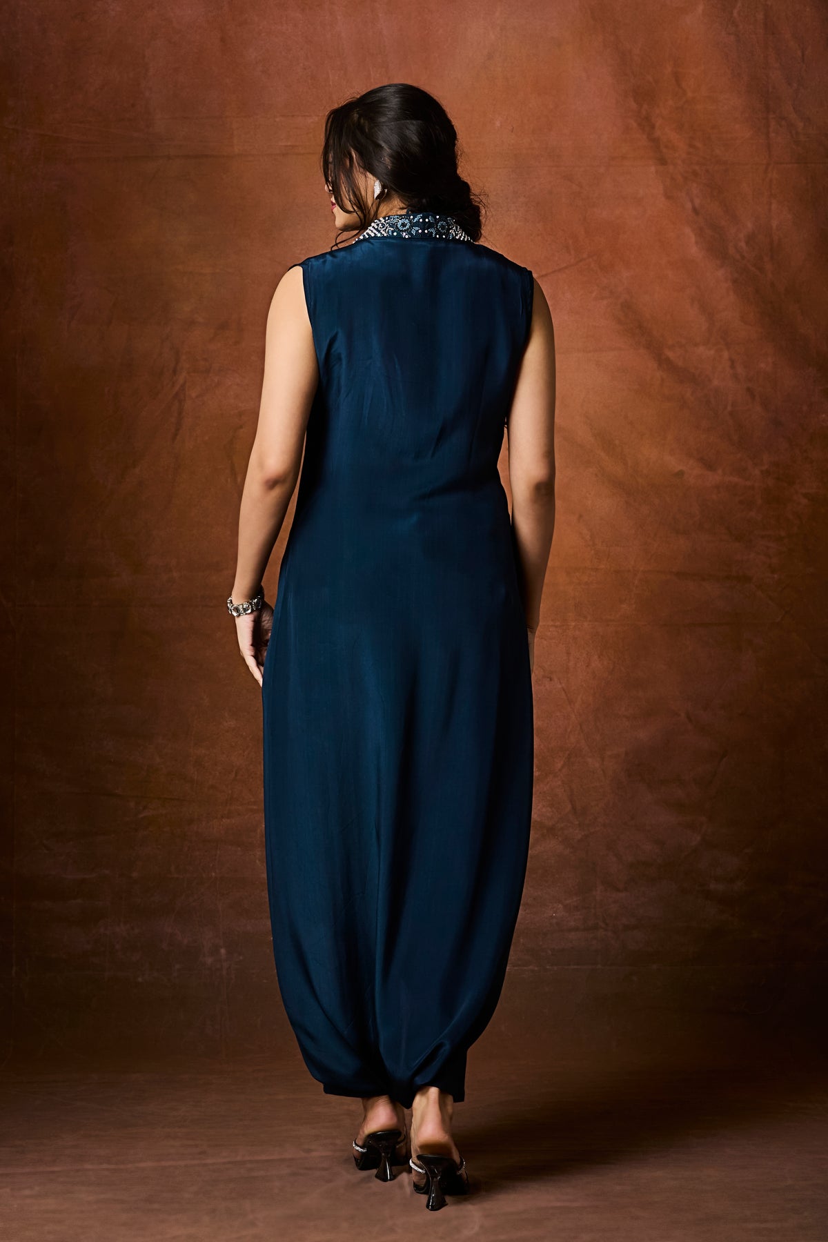 Sapphire Blue Moroccan-Inspired Jumpsuit with Beaded Collar