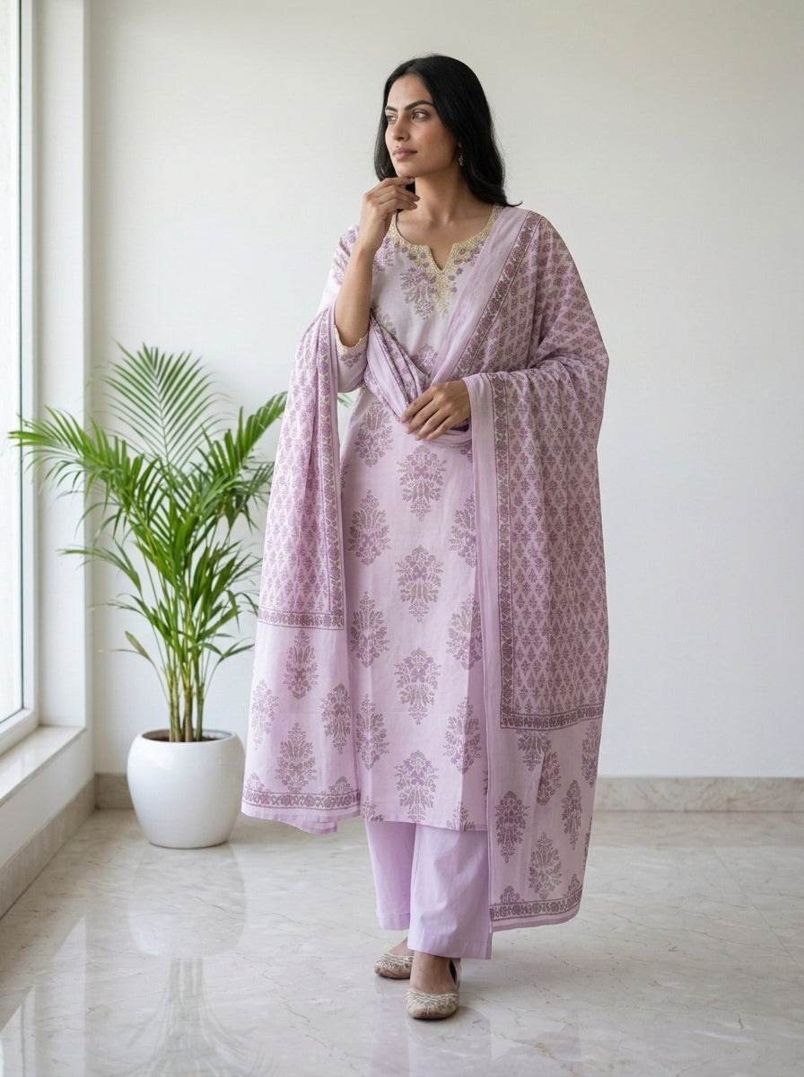 Lilac Block Print Cotton Kurta Pant Set with Dupatta