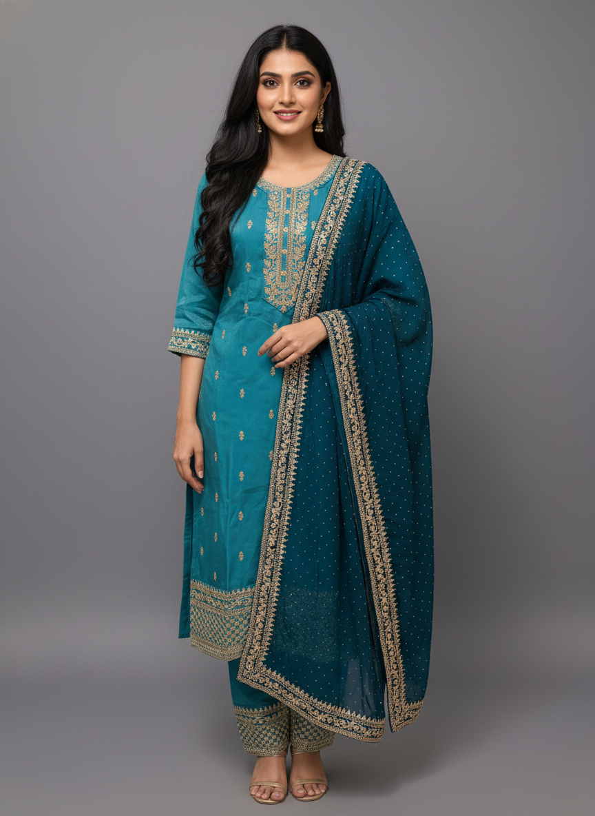Firozee Straight-Cut Viscose Suit Set with Gold Zari Embroidery