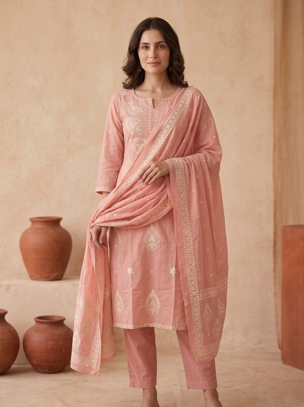 Peach Chikankari Embroidered Cotton Kurta Set with Dupatta