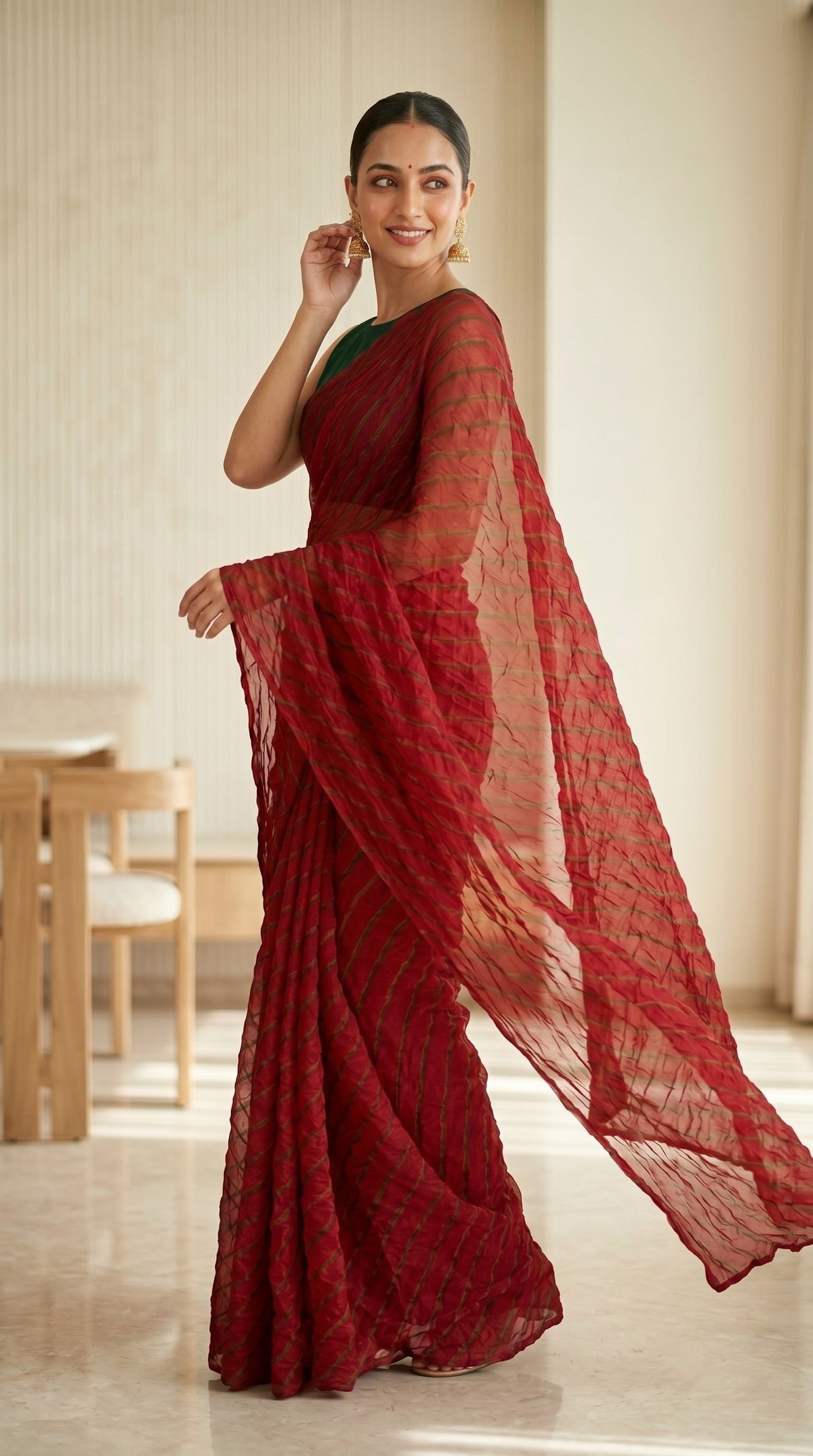 Deep Red Leheriya Georgette Saree with Blouse Piece