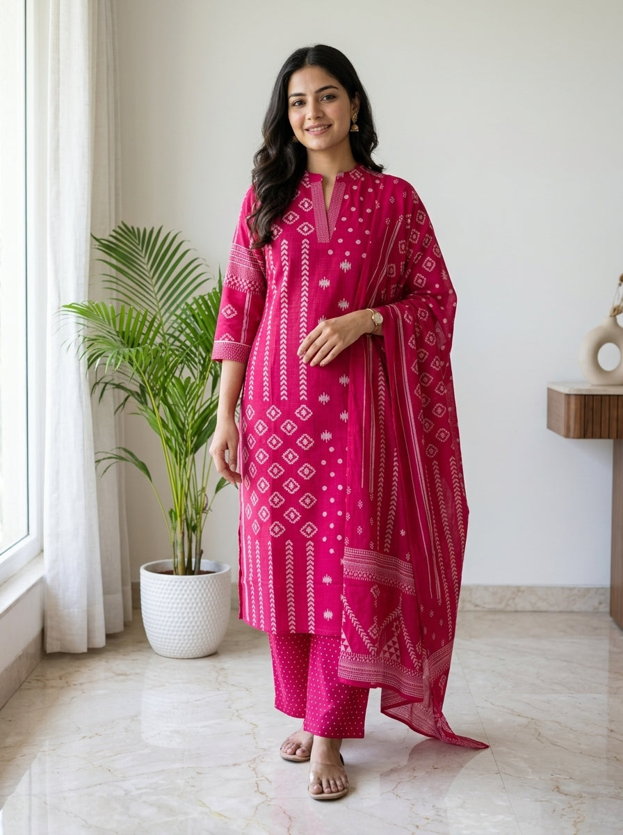 Rani Pink Ikat Print Cotton Kurta Pant Set with Dupatta