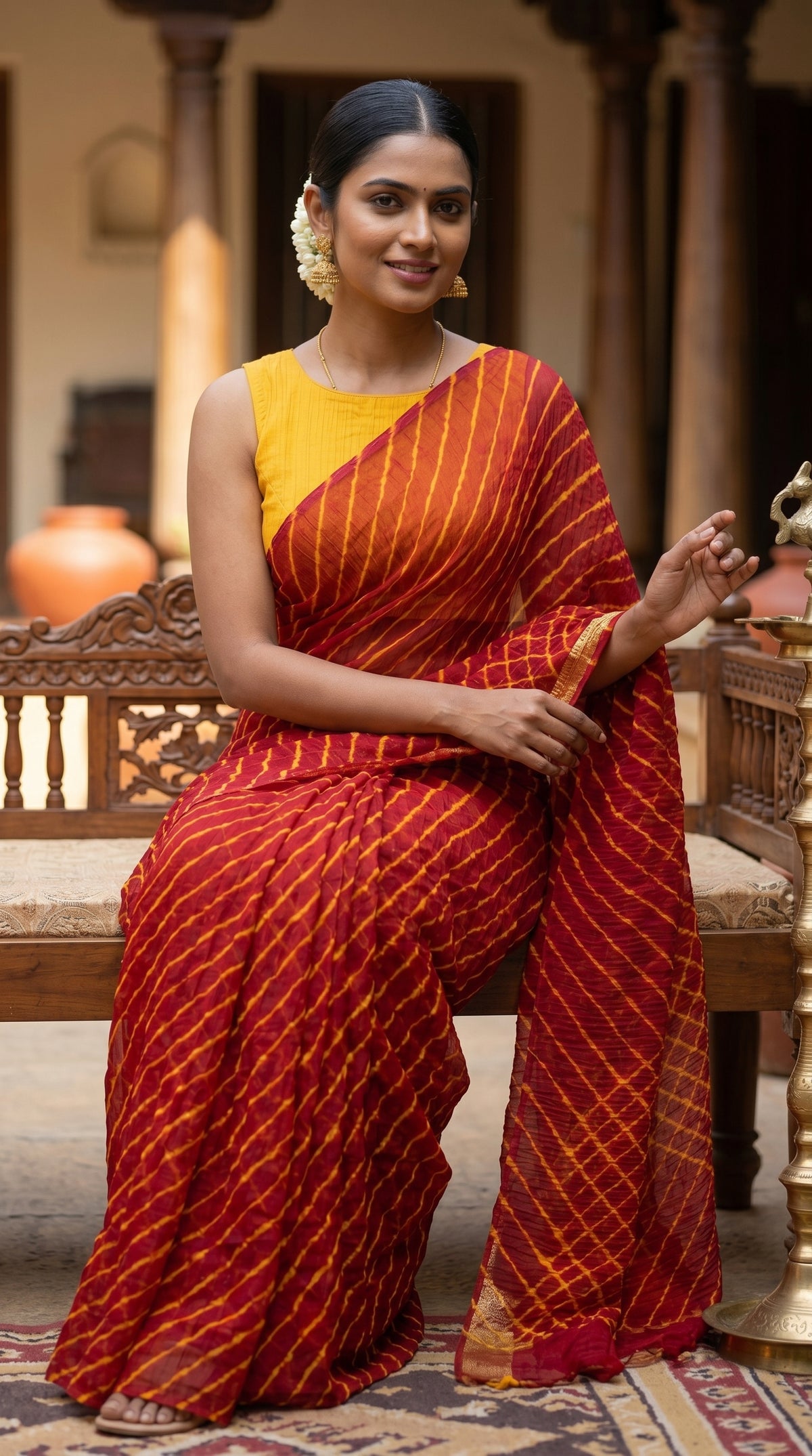 Maroon & Mustard Leheriya Georgette Saree with Blouse Piece