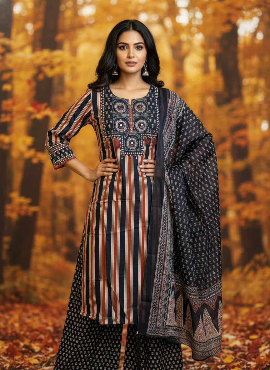 Indigo Rust Striped Cotton Kurta Set for Women – Daily Wear Palazzo Suit