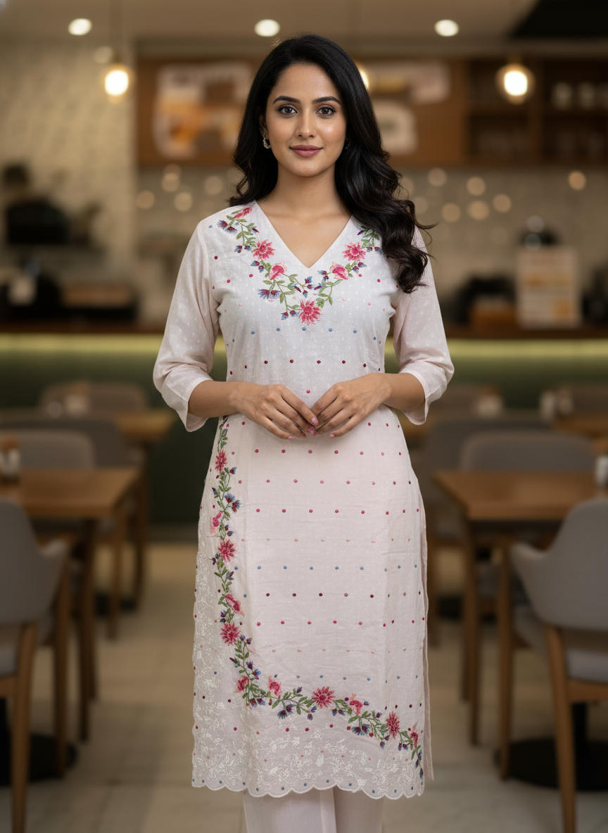 Nude Pink Embroidered Cotton Kurta Set for Women – Scalloped Hem Ethnic Suit