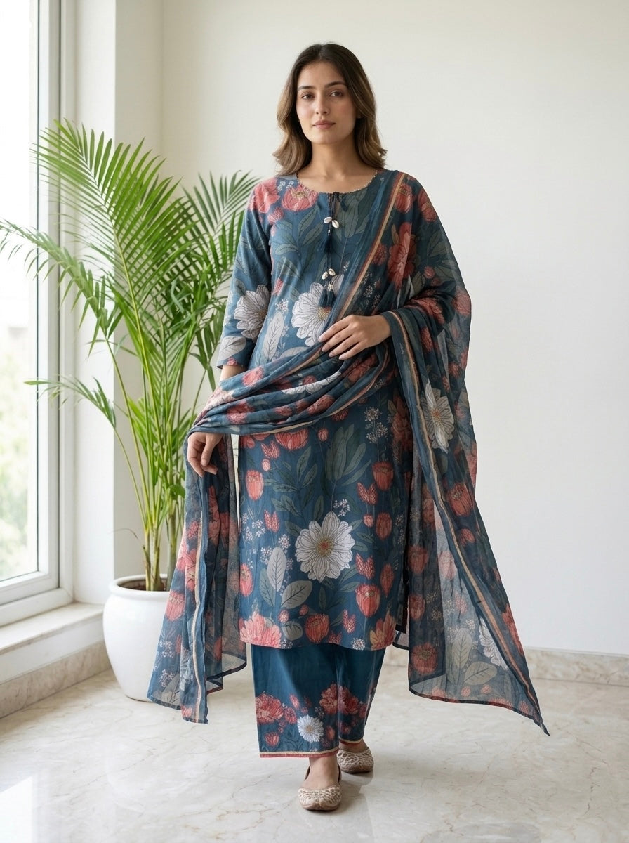 Blue Floral Print Cotton Kurta Pant Set with Dupatta