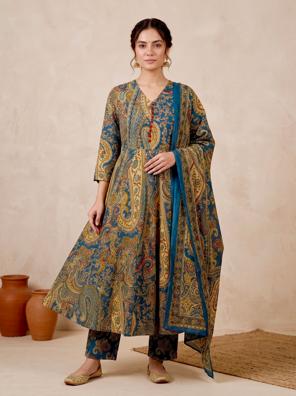 Blue Paisley Printed Cotton Anarkali Set