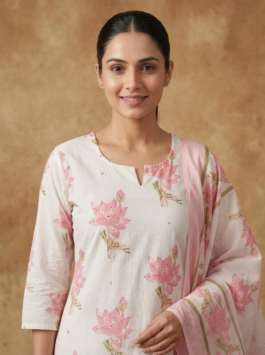 White Pink Lotus Print Cotton Kurta Set for Women – Straight Suit with Dupatta