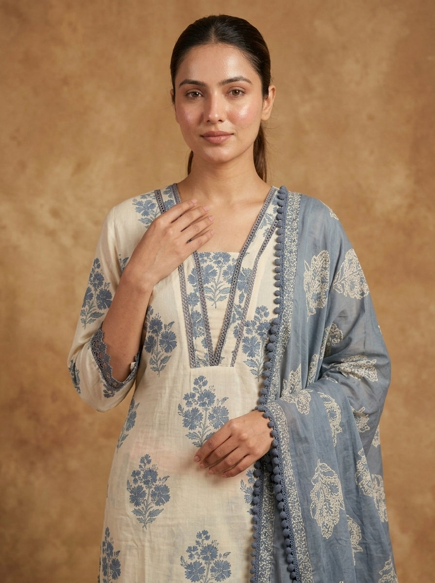Ivory Blue Floral Block Print Cotton Kurta Set for Women – Straight Suit with Palazzo & Dupatta