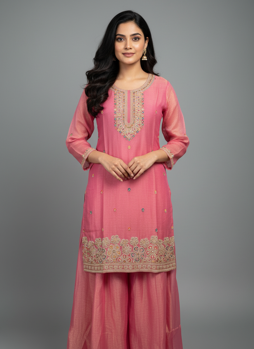 Rose Pink Floral Embroidered Georgette Suit Set – The Amara