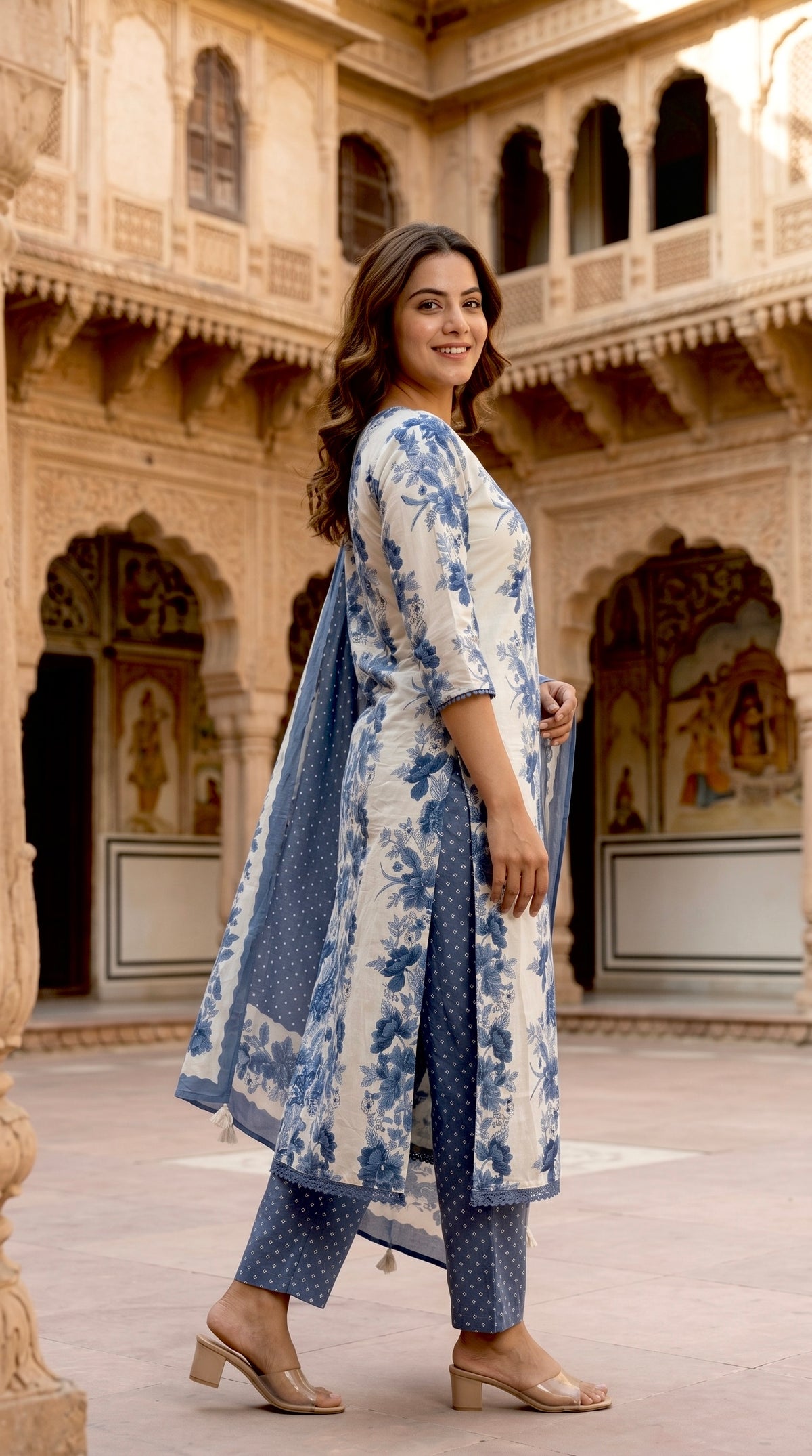 Indigo Blue Floral Print Cotton Kurta Set for Women – Straight Daily & Office Wear Suit with Bandhani Dupatta
