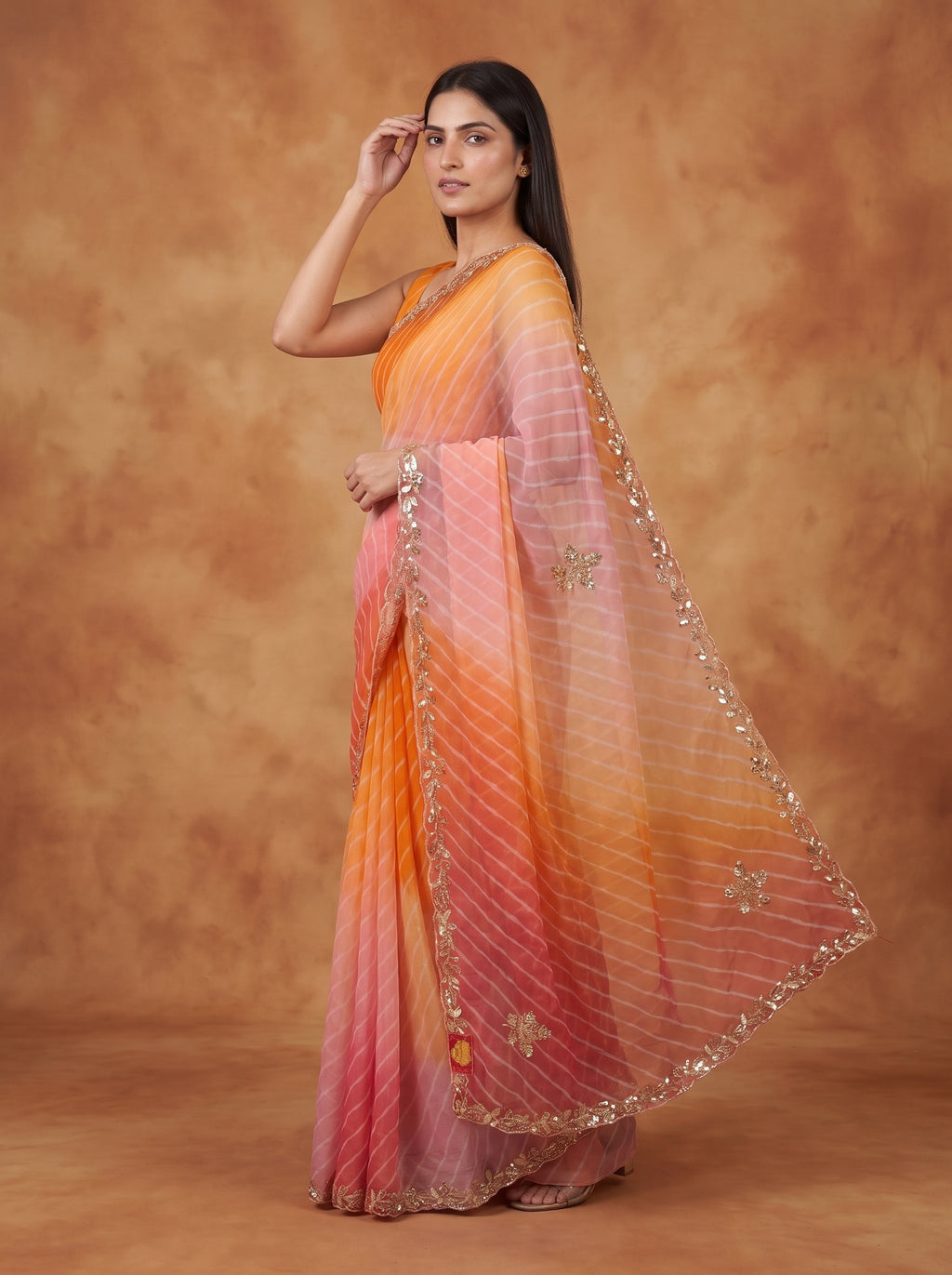 Orange & Peach Ombre Leheriya Georgette Saree with Kat Dana Work & Blouse Piece
