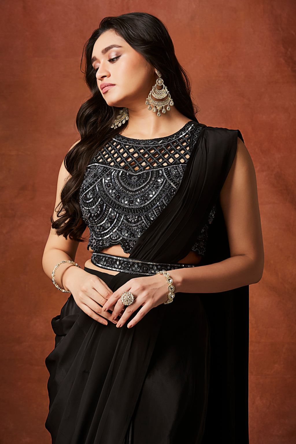 Midnight Glamour Pre-Draped Sequin Saree – Black Cocktail Wear