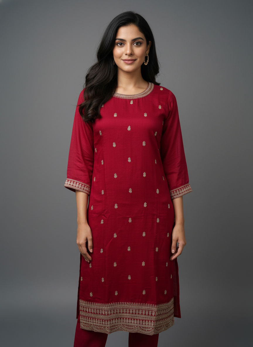 Scarlet Red Viscose Kurta Set with Zari and Sequin Embroidery