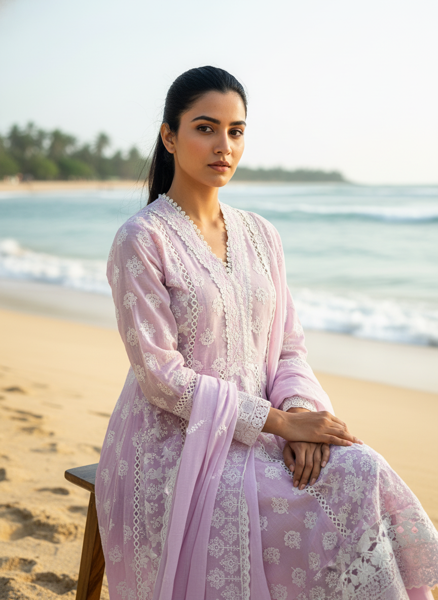 Lavender Chikankari Cotton Anarkali Suit for Women – Embroidered Ethnic Kurta Set
